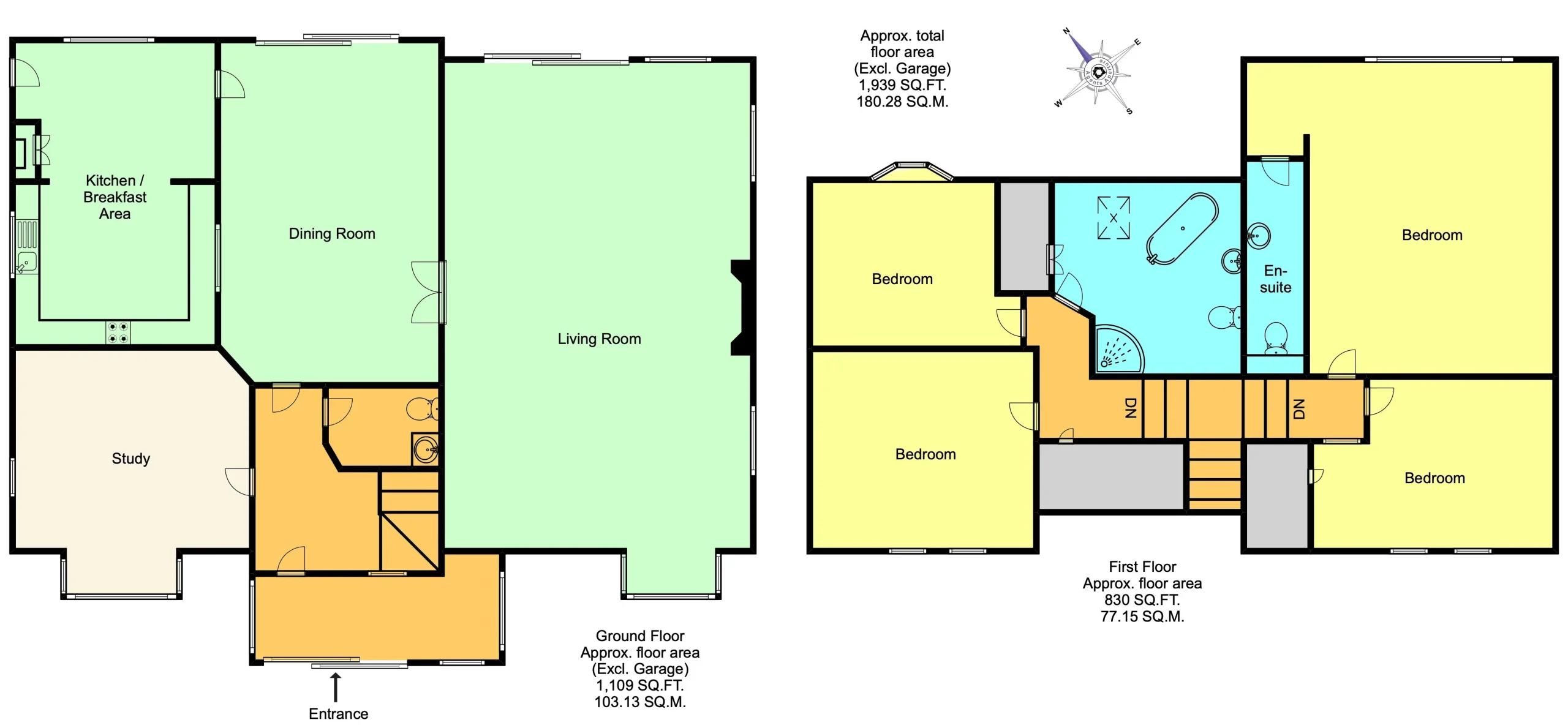 Colour-coded 4 bedroom house floorplan designed by Agents Aperture