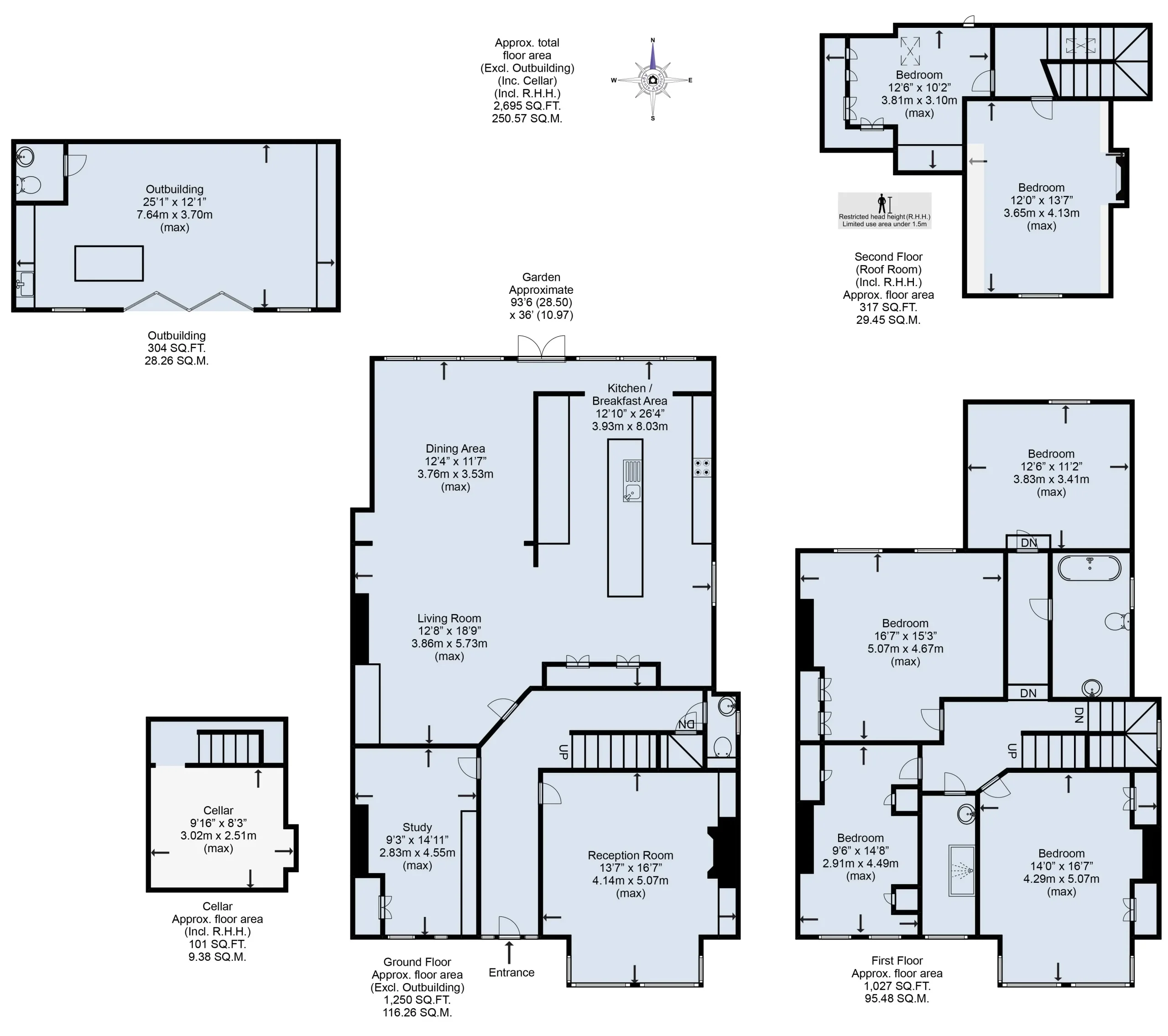 Large multi-storey house floorplan with outbuilding and cellar designed by Agents Aperture
